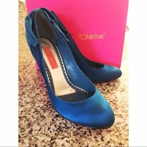 Betsey Johnson blue satin heels with suede, size 8