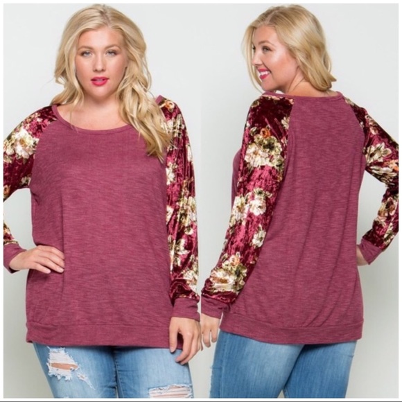 JUST IN! Burgundy Velvet Sleeve Tee - Picture 2 of 2