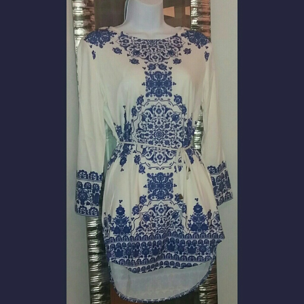 Regal Blue/White mosaic high low dress