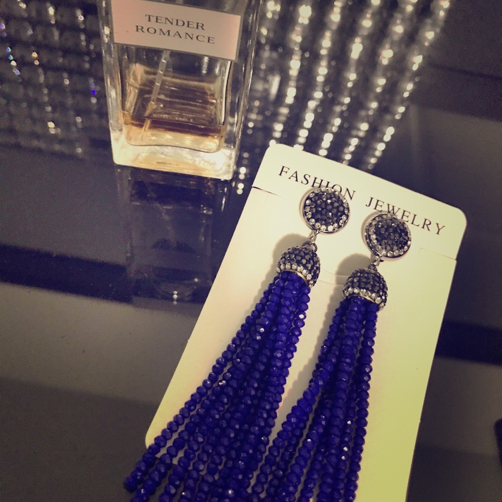 Royal blue beaded tassel earrings