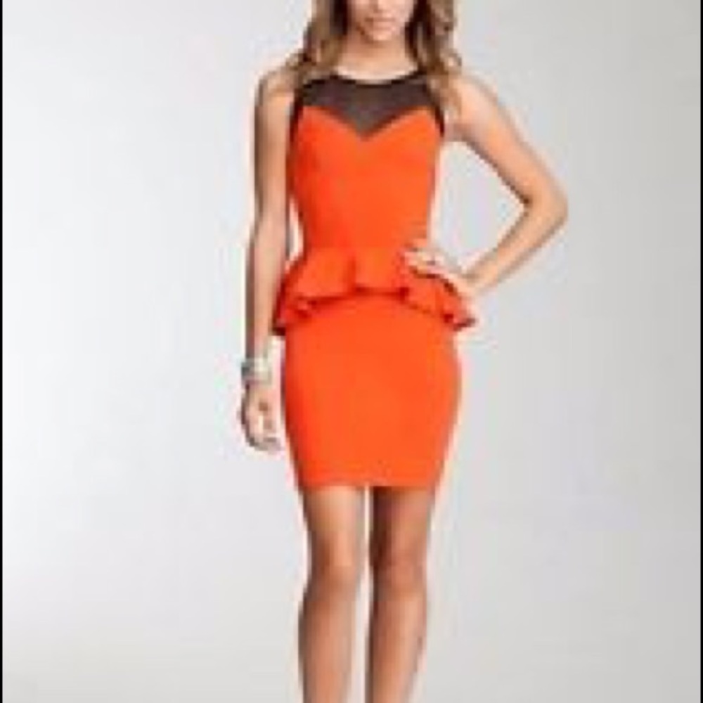 Bebe Orange Peplum Mesh Top Mini Dress