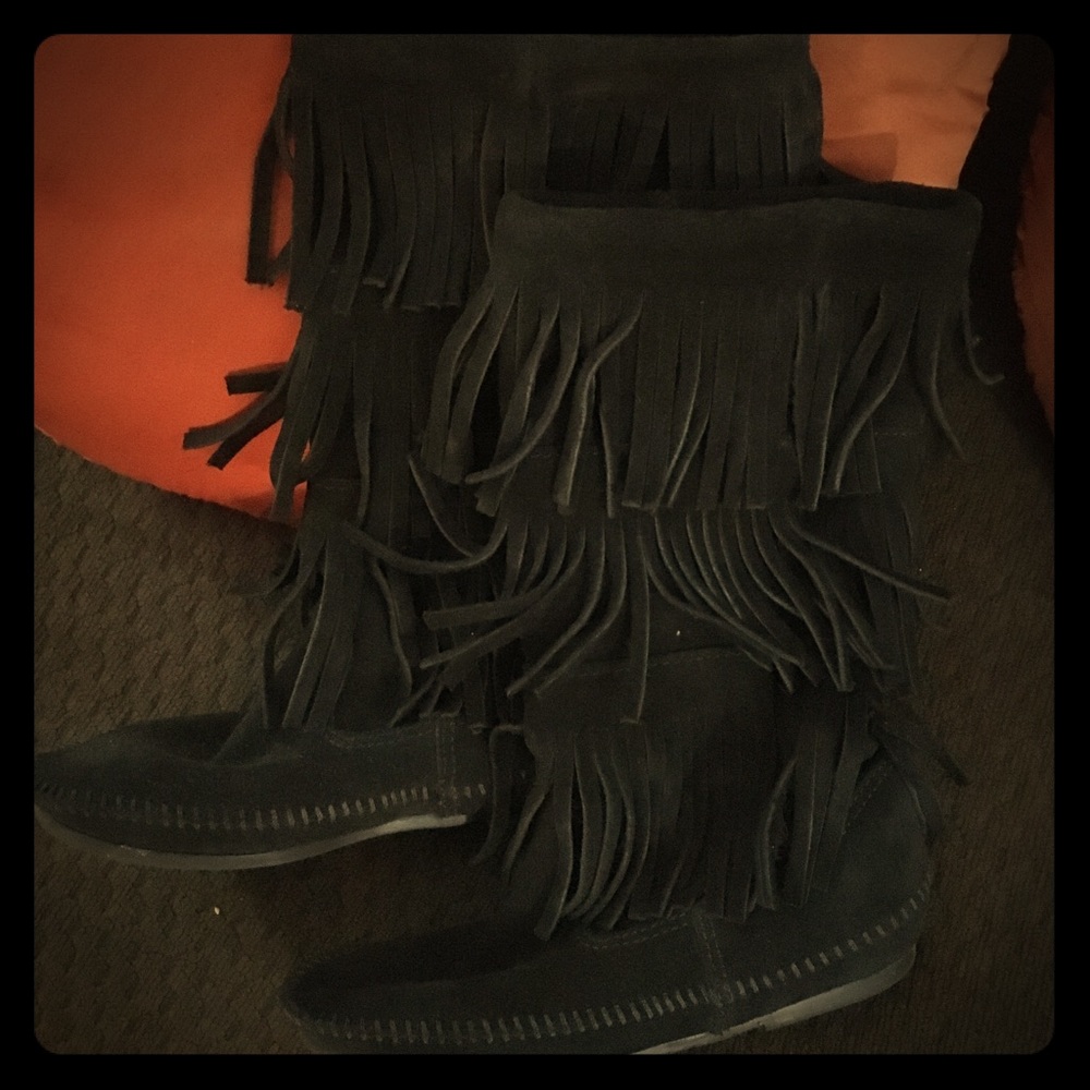 Black Leather Suede Minnetonka Fringed Girls Boots