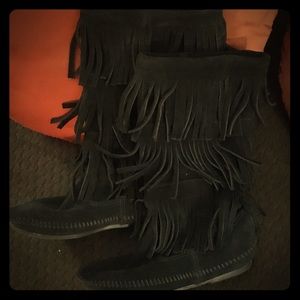 Black Leather Suede Minnetonka Fringed Girls Boots
