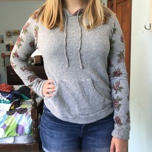 Chloe K Size Large Gray Hoodie with Floral Sleeves