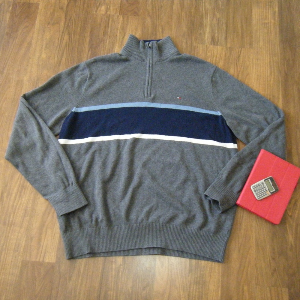 Tommy Hilfiger Grey Cotton Navy Striped Sweater