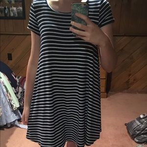Navy blue and white striped swing dress