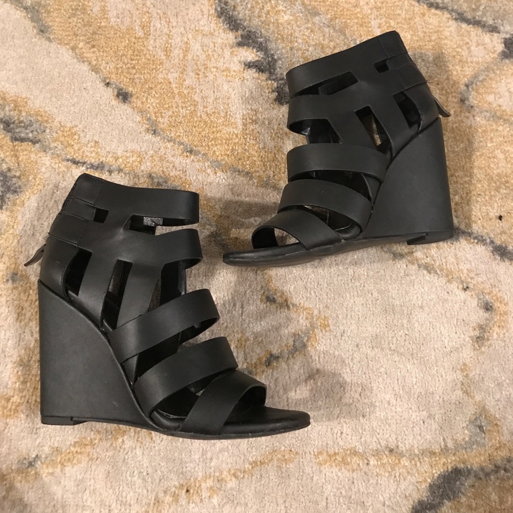 BCBG black gladiator wedge