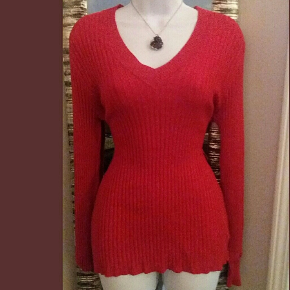 Red ribbed v-neck sweater