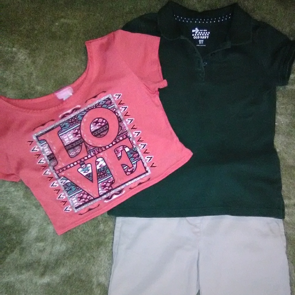 2 SHIRTS AND A PAIR KHAKI SHORTS IN EUC CONDITION