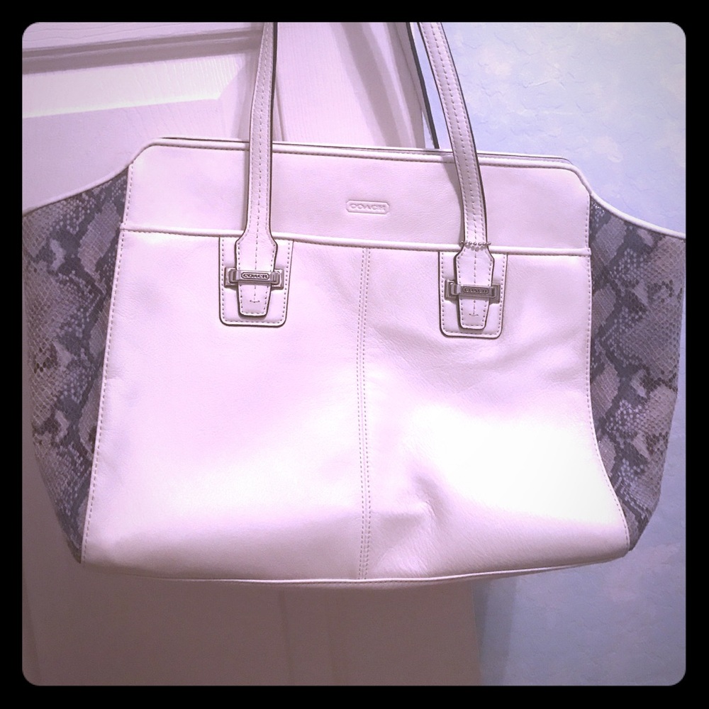 White and snakeskin coach purse