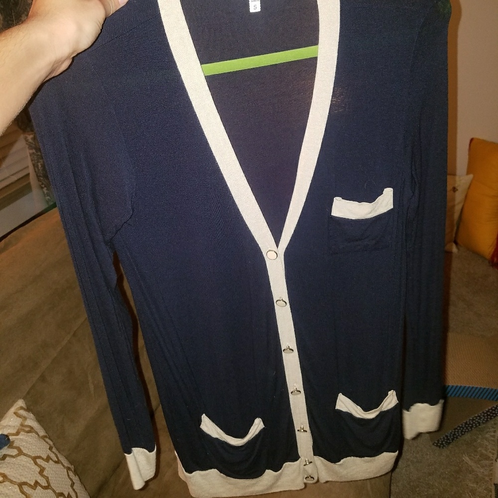 Navy blue and tan cardigan