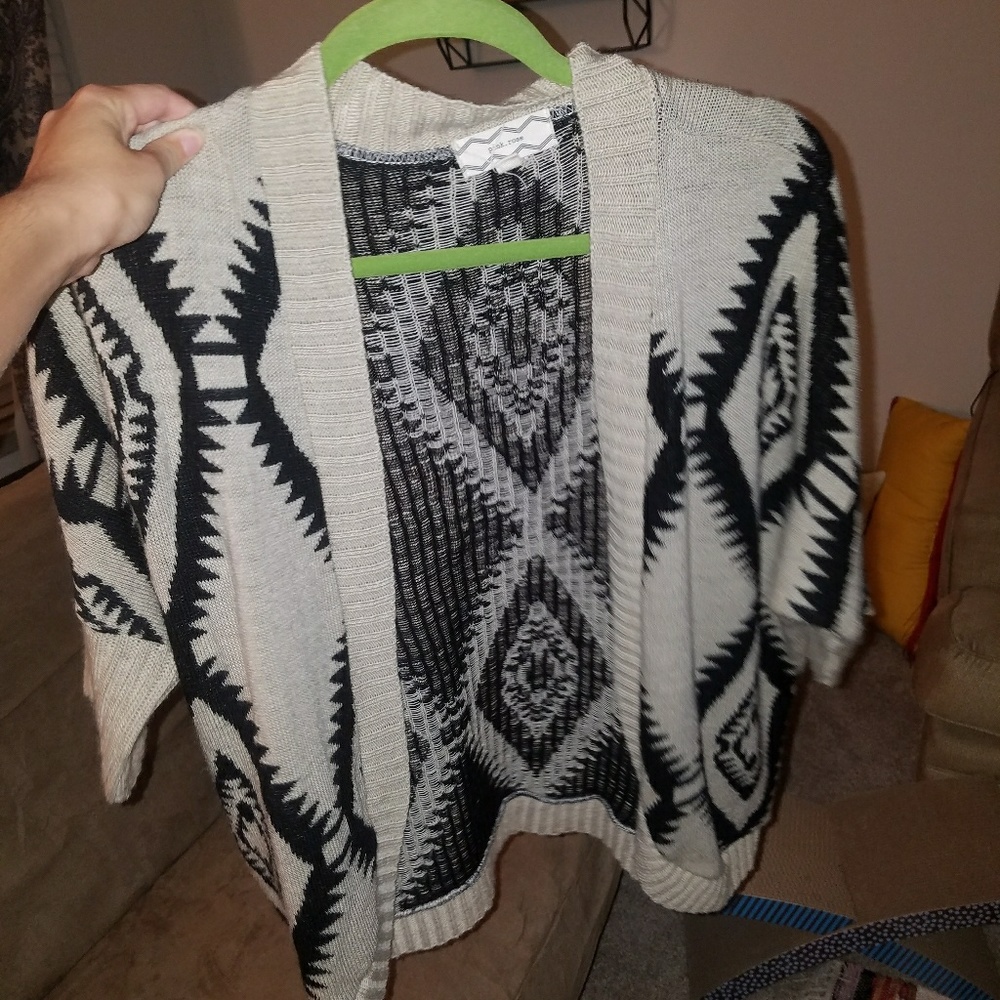Trible print back and tan cardigan