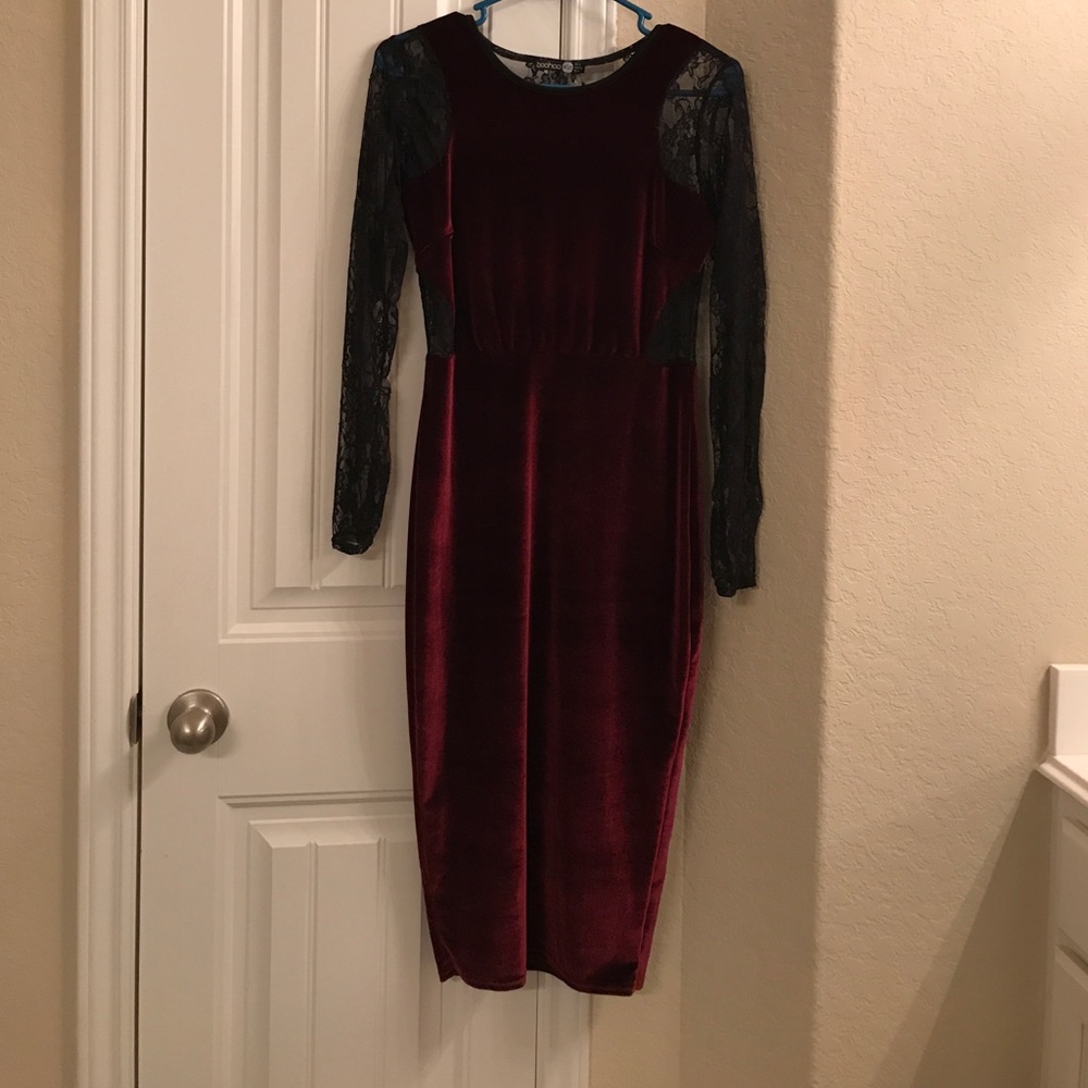 BURGUNDY VELVET BLACK 🖤 LACE MIDI