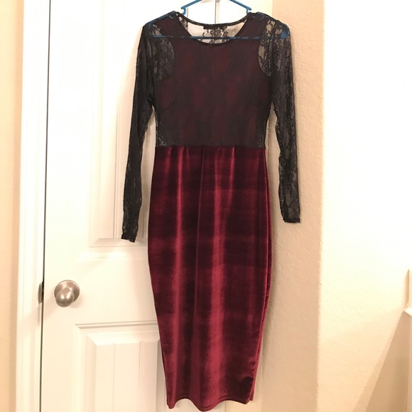 BURGUNDY VELVET BLACK 🖤 LACE MIDI - Picture 6 of 8