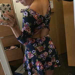 Navy Blue Skater Dress w/ Floral Print