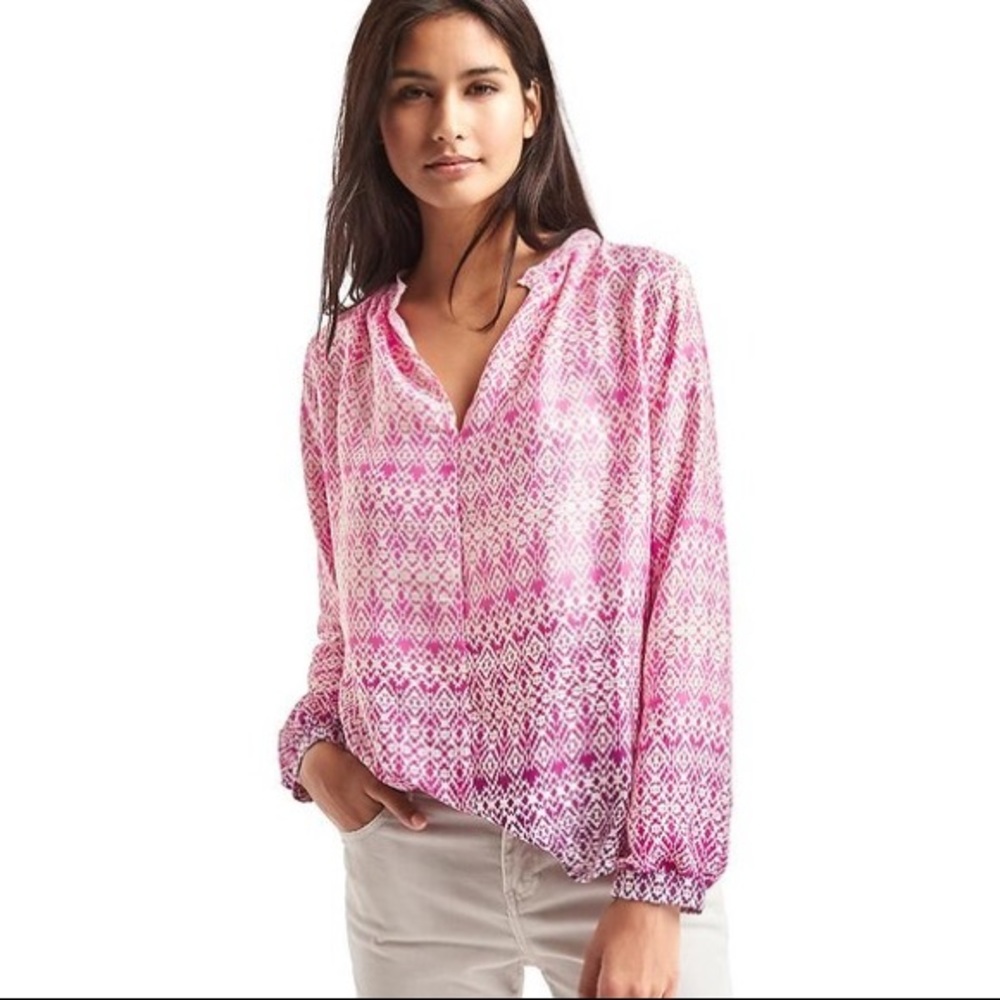[Gap] Silky Split Neck Blouse -Pink Print Sz XS