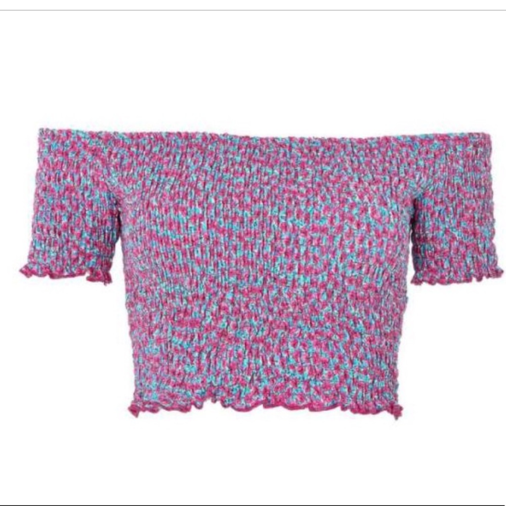 Blue and purple shirred bardot crop top