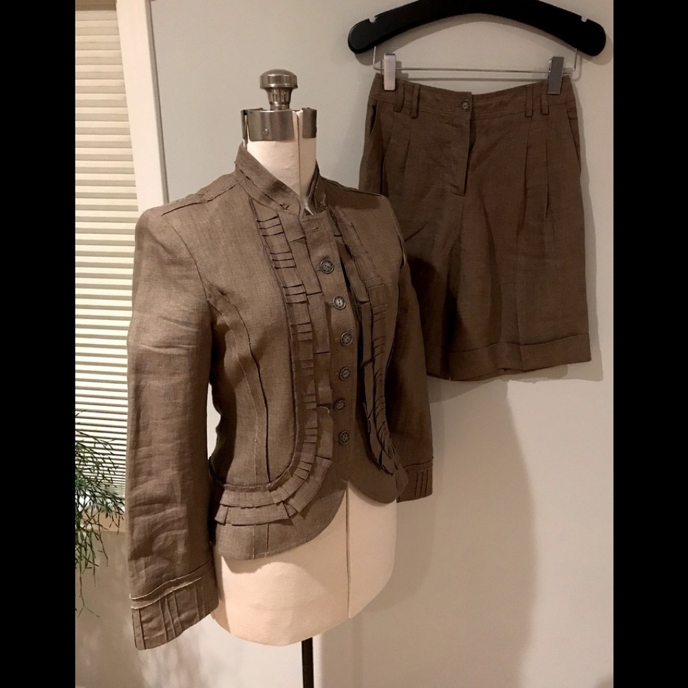 Cynthia Steffe brown linen shorts & jacket suit