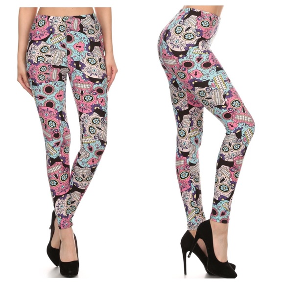 LAST 2 OS Butter Soft Sugar Skull Print Leggings - Picture 4 of 6