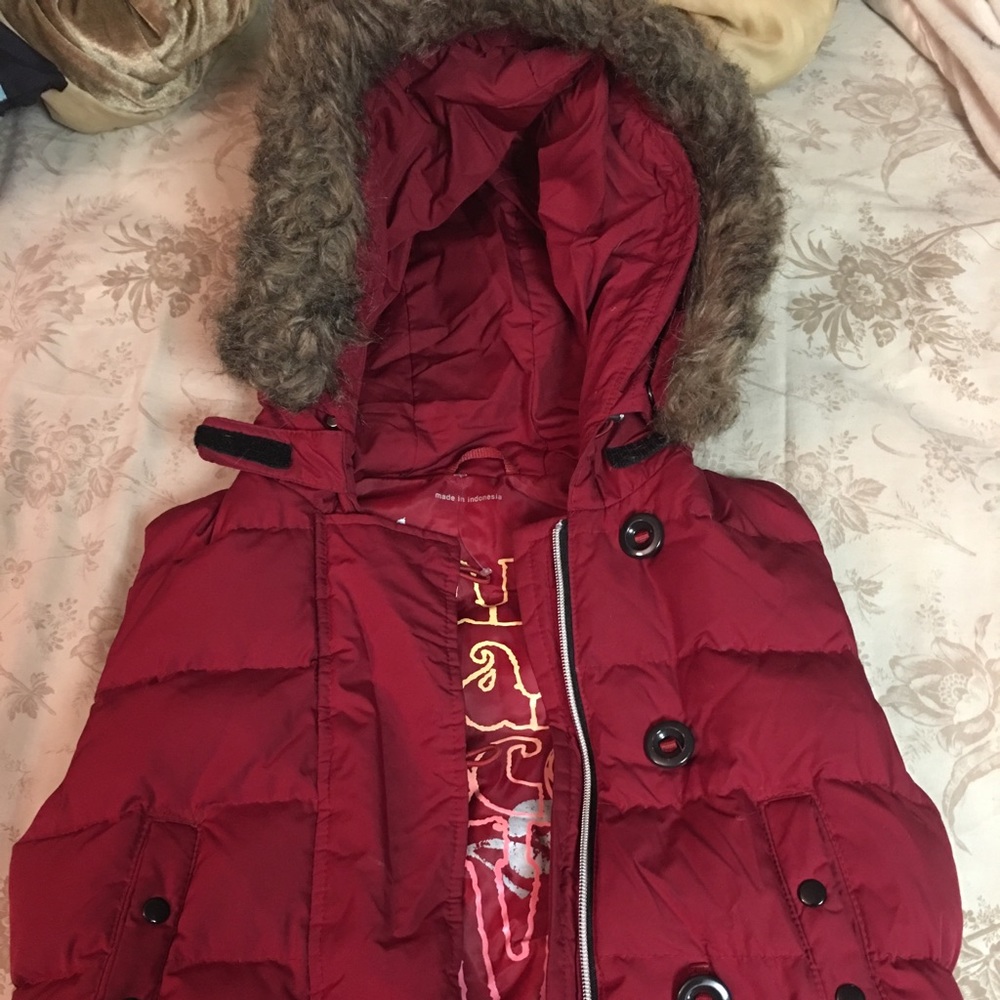 Women's red fur hooded Gap vest