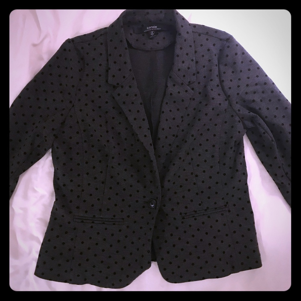 Kensie heather gray blazer w/black flocked dots L