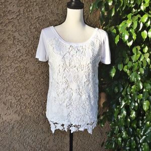 August Silk White Lace Knit Top Short Sleeve M