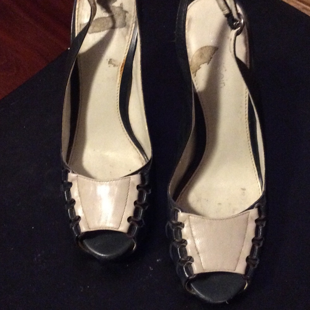 Calvin Klein navy and cream sling backs heels.