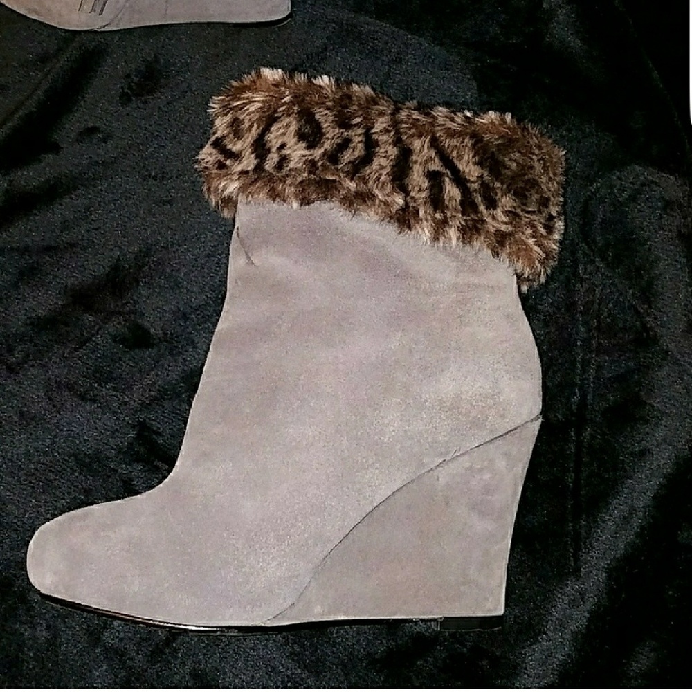 Faux Fur  Suede leather wedge bootie with Tassel