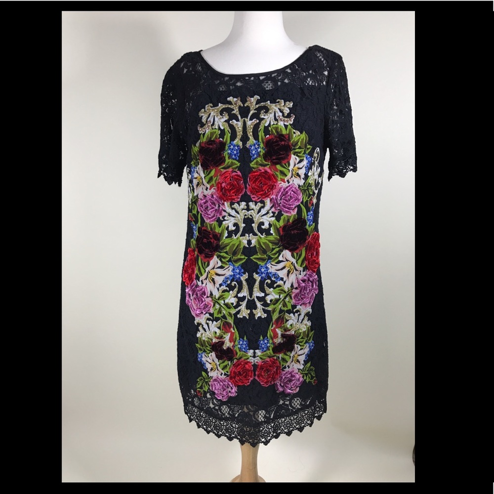 Derhy Lace Black Shift Dress - Floral detailing