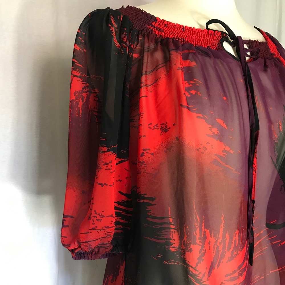 Plum blouse with red & black huge feathers