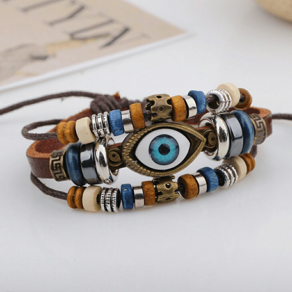 Handmade Leather Braclet with Eye Bead - Picture 3 of 5