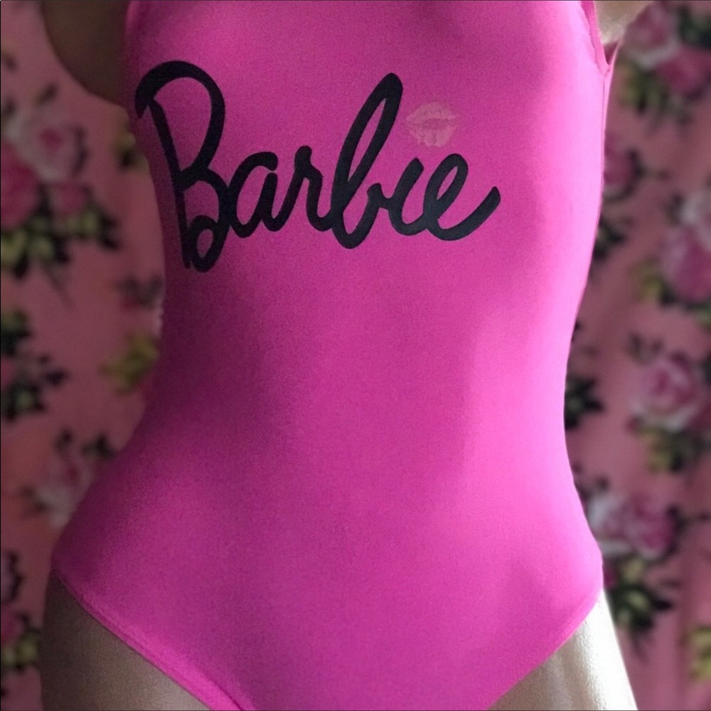 Pink black lip kiss barbie swimsuit one piece bodysuit costume festival party - Picture 7 of 8