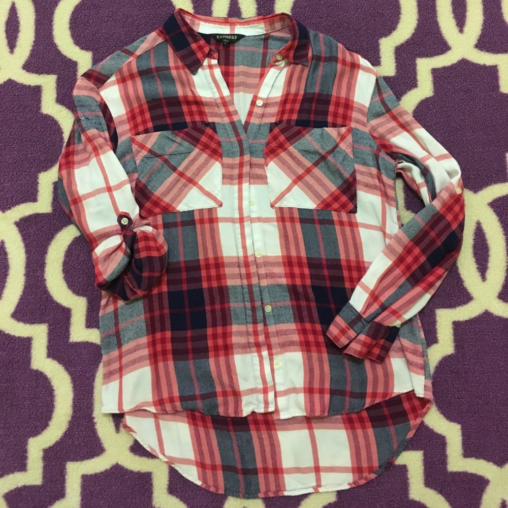  Express Pink Navy White Boyfriend Plaid Shirt