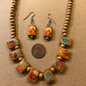 Catholic Mary, Jesus, Saints, wooden necklace set