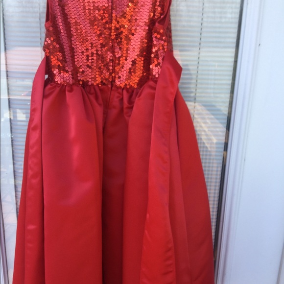 Red satin sequined holiday formal dress 6 - Picture 4 of 5