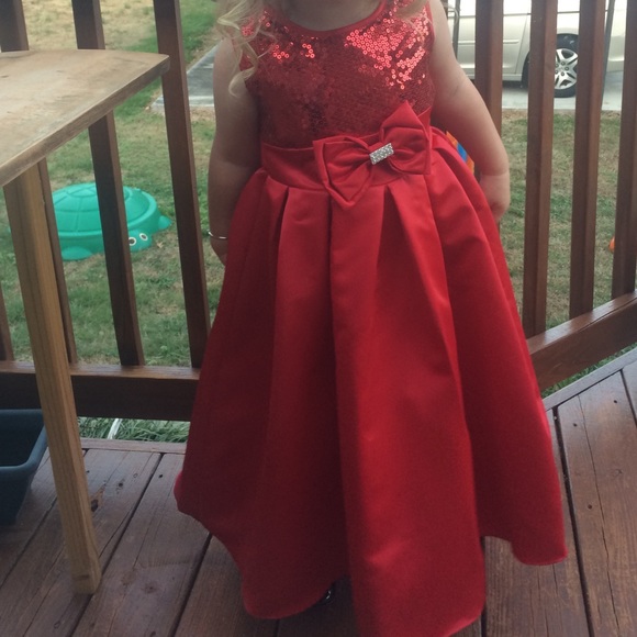 Red satin sequined holiday formal dress 6 - Picture 2 of 5