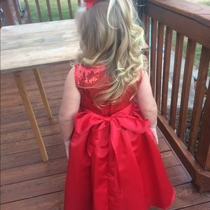 Red satin sequined holiday formal dress 6