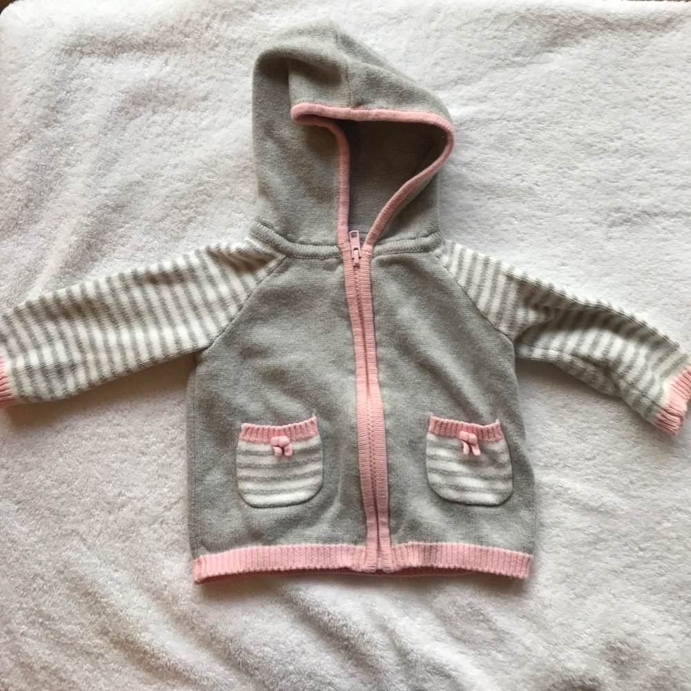 Gymboree gray & white striped sweater pink trim.
