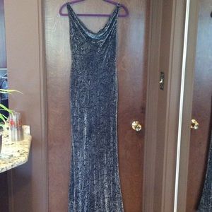 Gray beaded crushed velvet gown.
