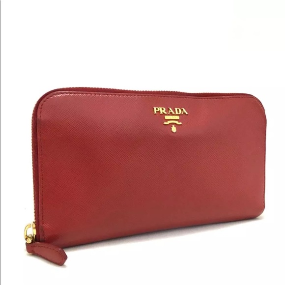 PRADA Saffiano Red Leather Zip Around Long Wallet/ - Picture 1 of 8