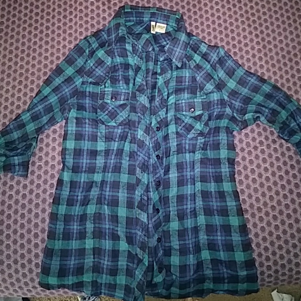 Navy, black, turquoise plaid flannel shirt (L)