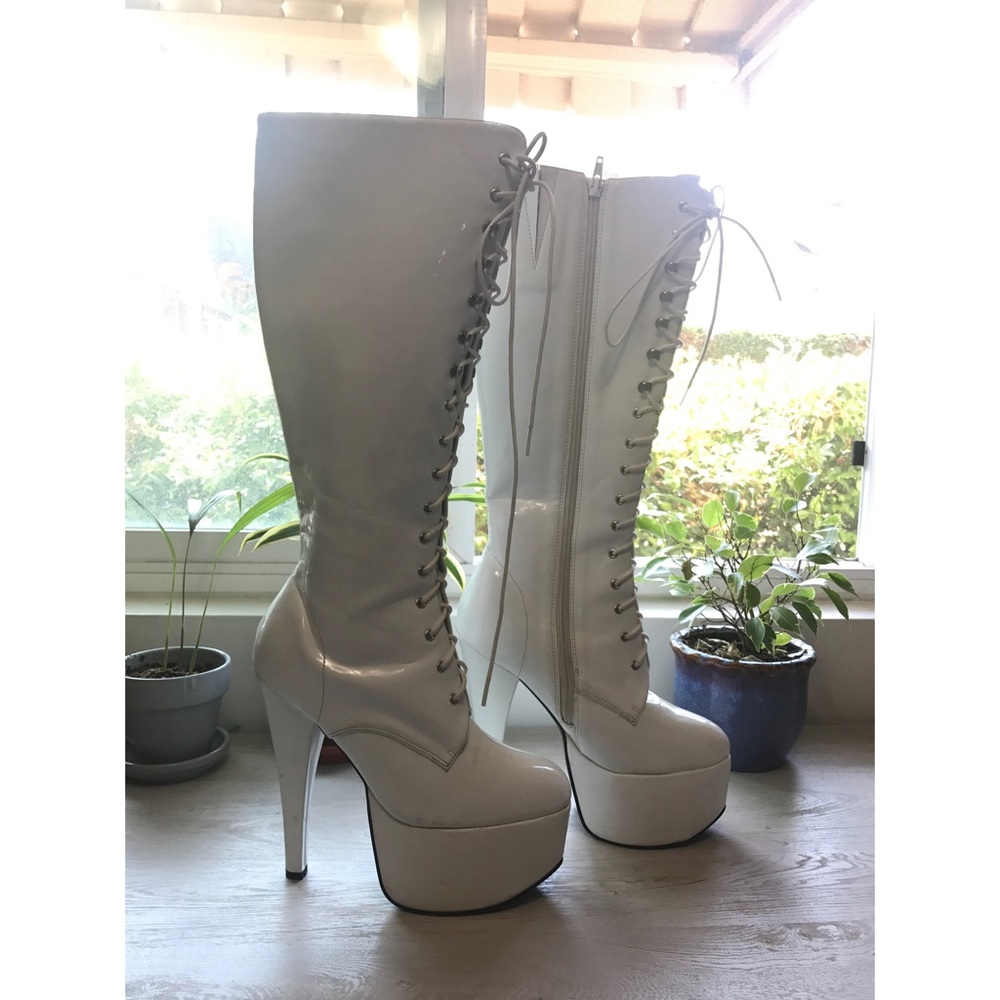 White Platform Go-Go Heels with Front Lace Up