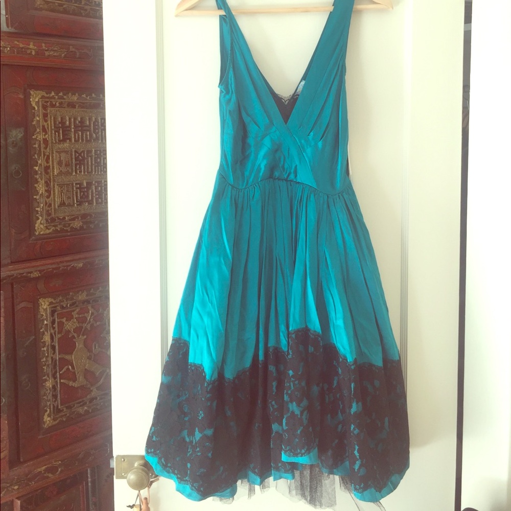 Beautiful Teal Silk and Black Lace Tulle Dress