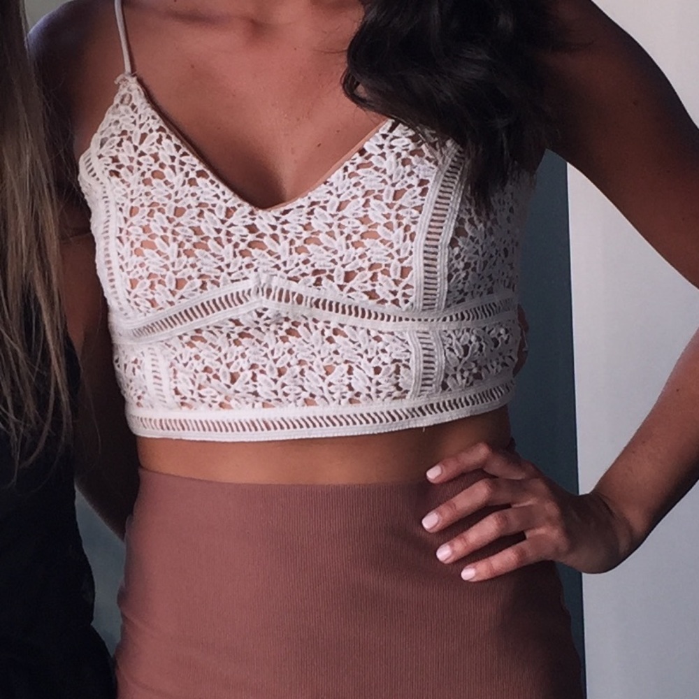 White and nude lace crop top