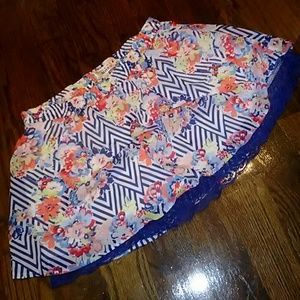 Navy blue striped floral print skirt