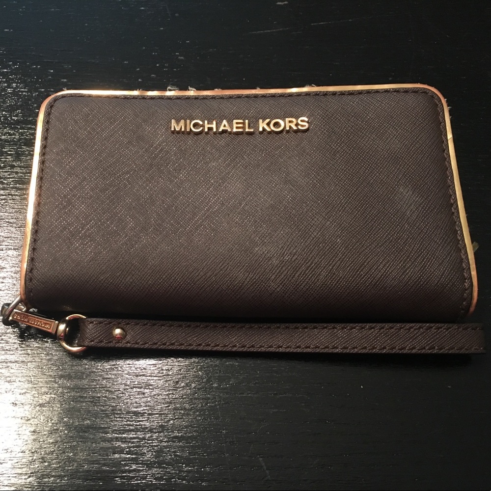 MK chocolate brown wallet with gold trim