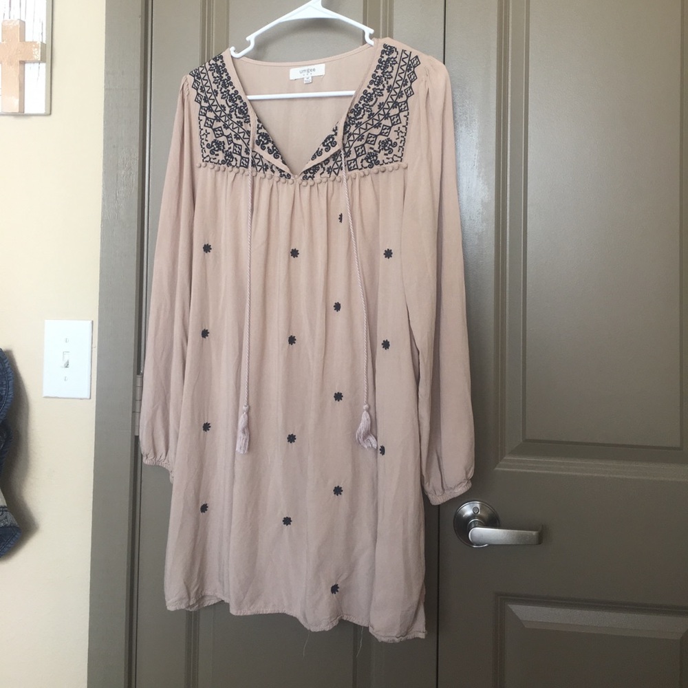 Tan Tunic/dress with navy blue embroidery