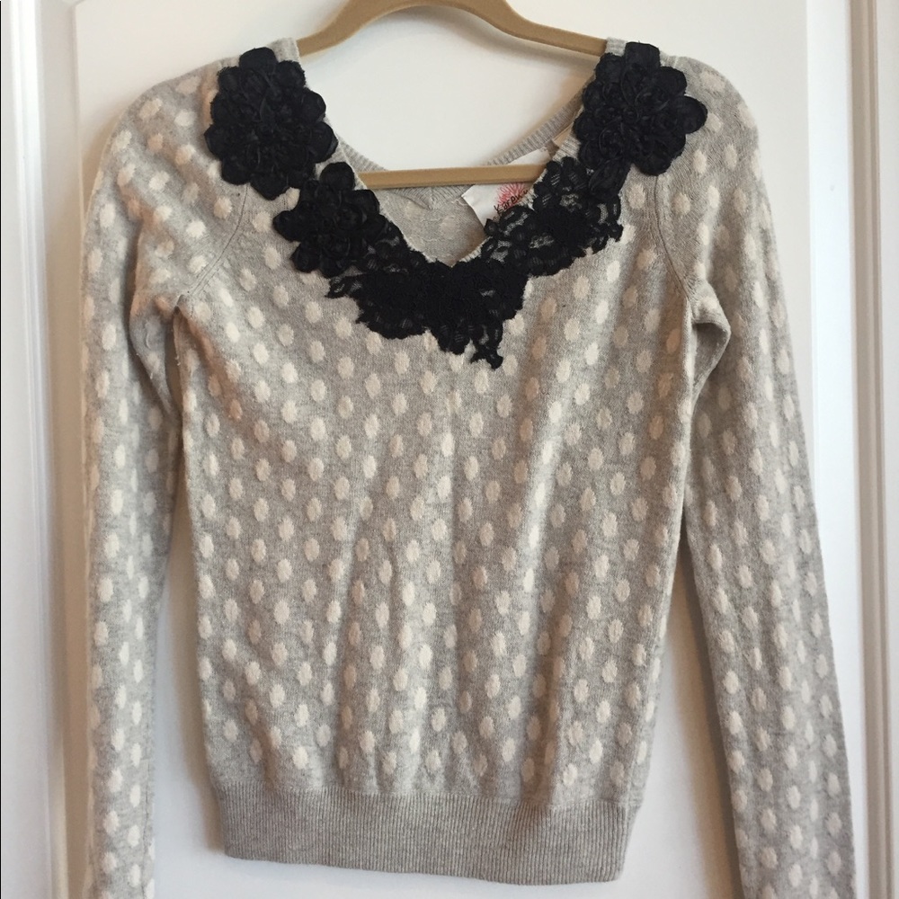Anthropologie Lace Trim Polkadot Sweater