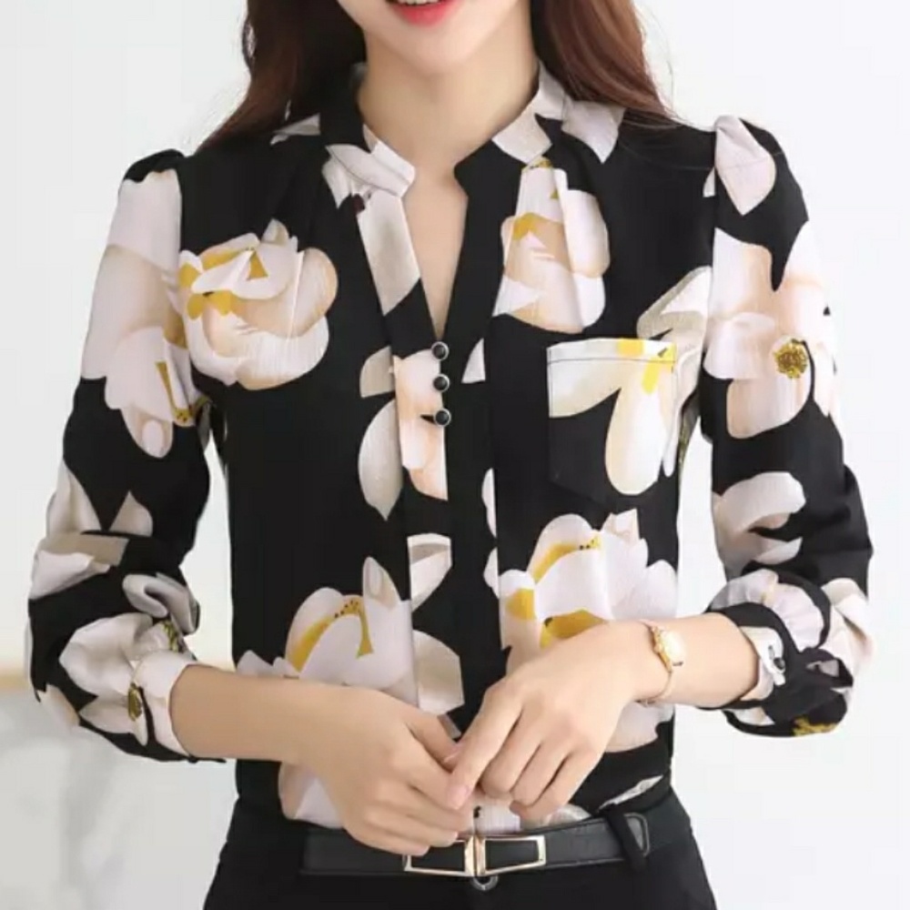 Big Flower solid elegant v neck long sleeve blouse