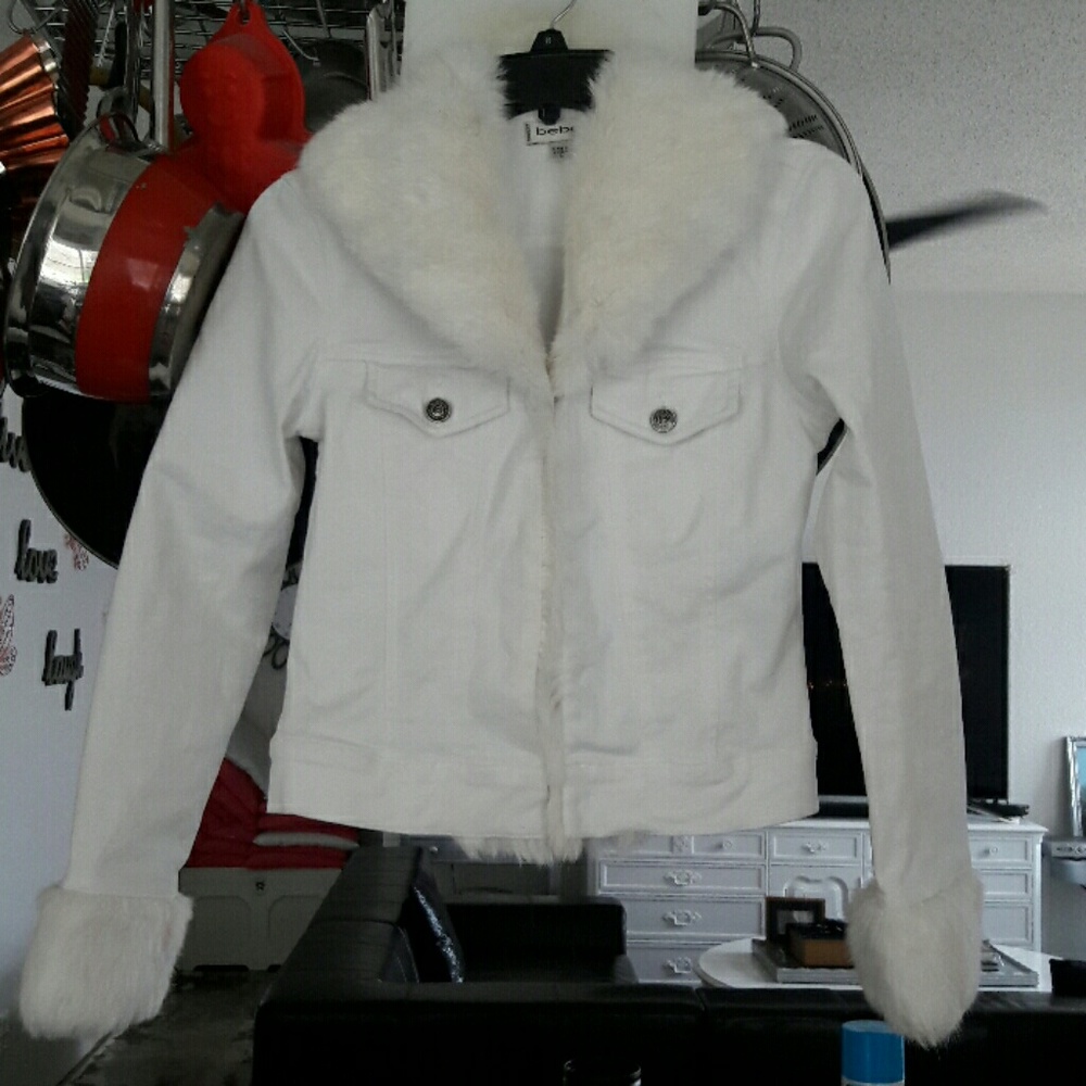 White Jean Jacket with Rabbit Fur collar/cuffs